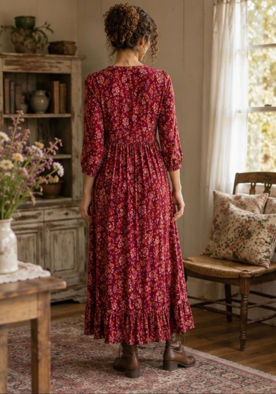 April Cornell Burgundy Floral Prairie Maxi Dress Pintuck Boho Cottagecore Size S - Picture 2 of 12